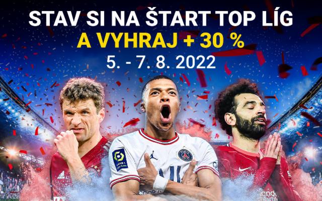 Stav si na štart najlepších futbalových líg a vyhraj + 30 %